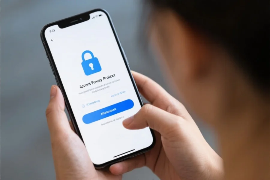 一位用户在手机上设置账号隐私保护，界面上显示安全锁和提示信息，强调网络安全