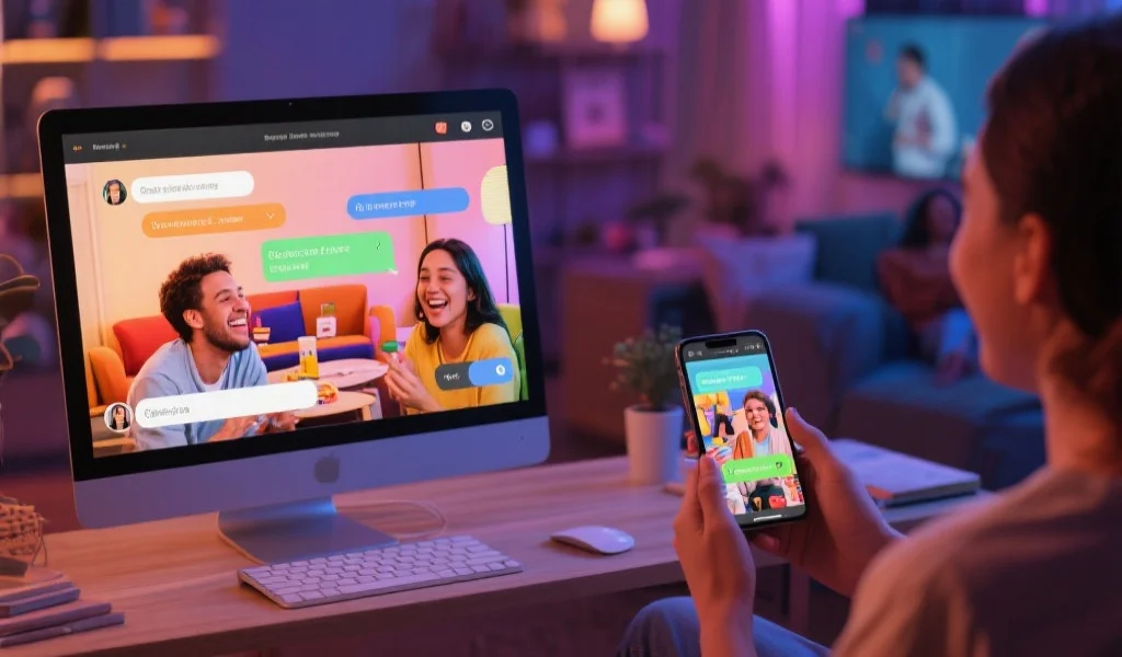 现代娱乐社区线上的用户通过手机和电脑积极互动，屏幕上显示愉快的聊天室和社区活动，氛围友好